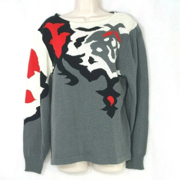 Harrington Park Sweaters - Vintage Harrington Park Knit Sweater Women Size 38 M L Gray Red White Long Slv